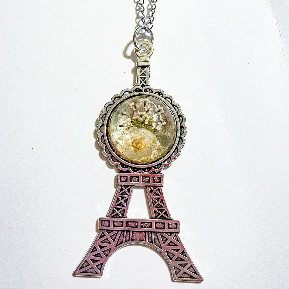 Pressed Flower Silver Eiffel Tower Pendant Necklace